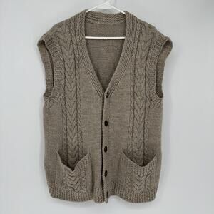 Sweater Vest Mens Large Beige Fisherman Cable Knit Button Front Pockets Winter